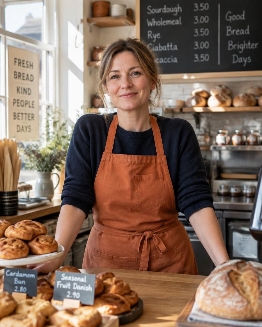 A small bakery owner standing behind her counter