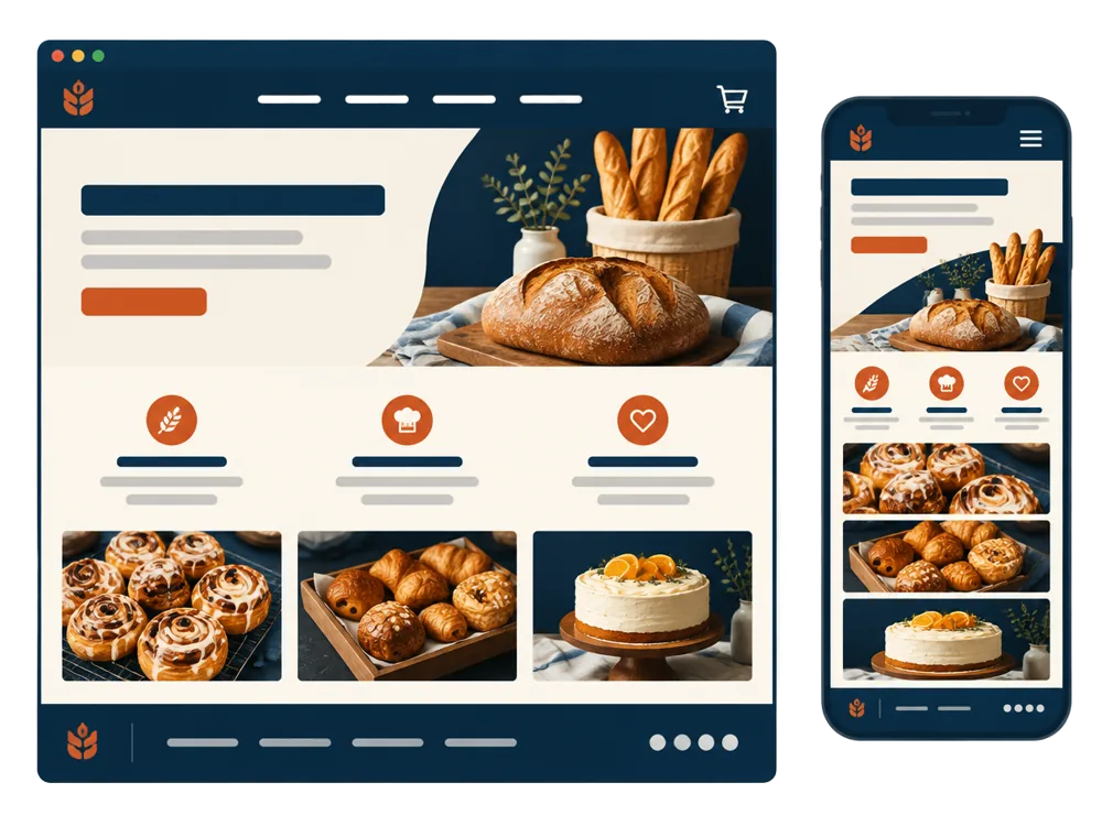 Illustration of a bakery website on a laptop and phone