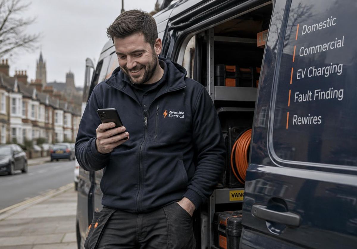 A tradesman checking his phone beside his van